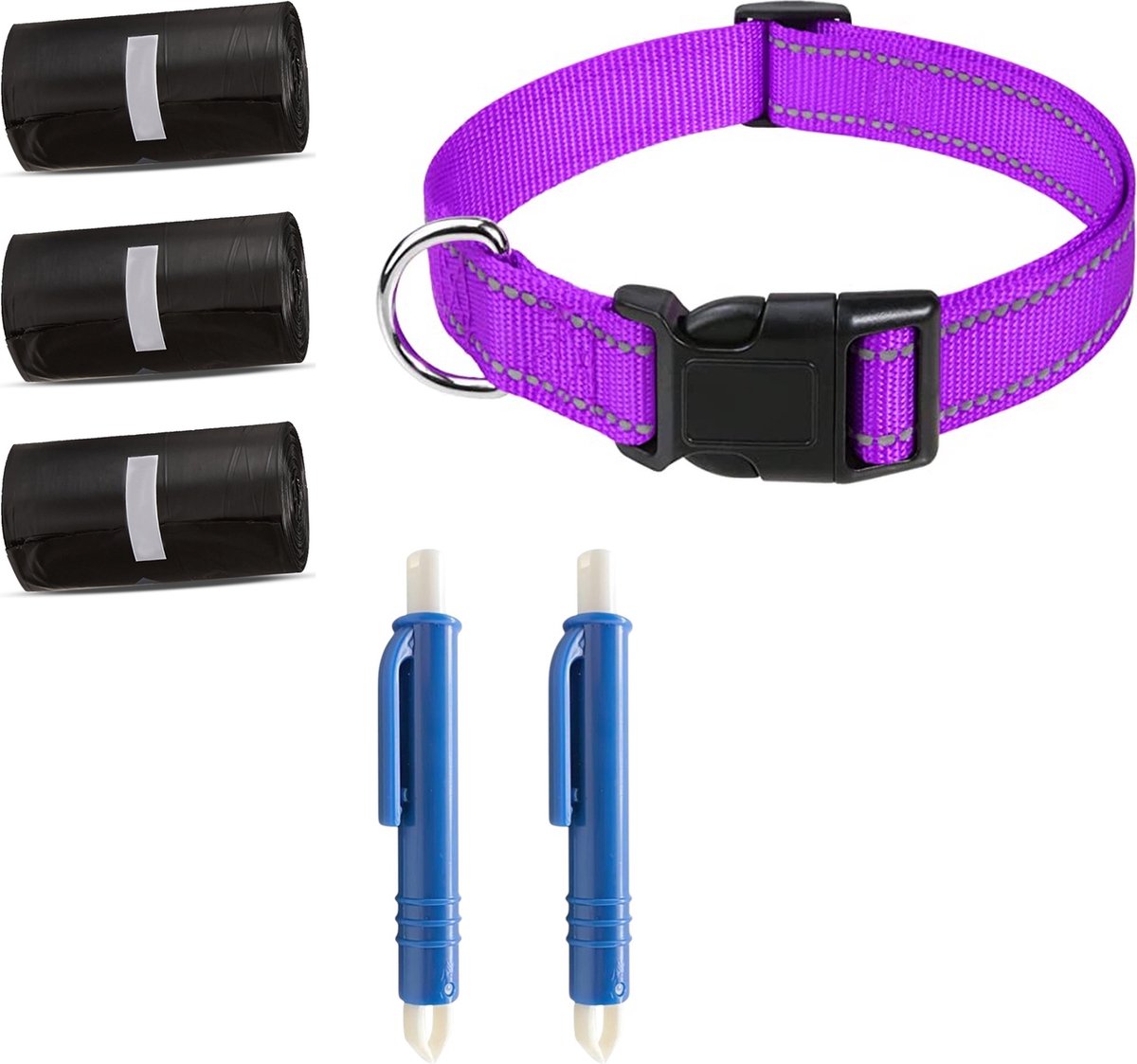 Professor Q Wandelset Hond - Halsband Paars S 30-40 cm - 45 Poepzakjes - 2 Blauwe Tekenpincetten