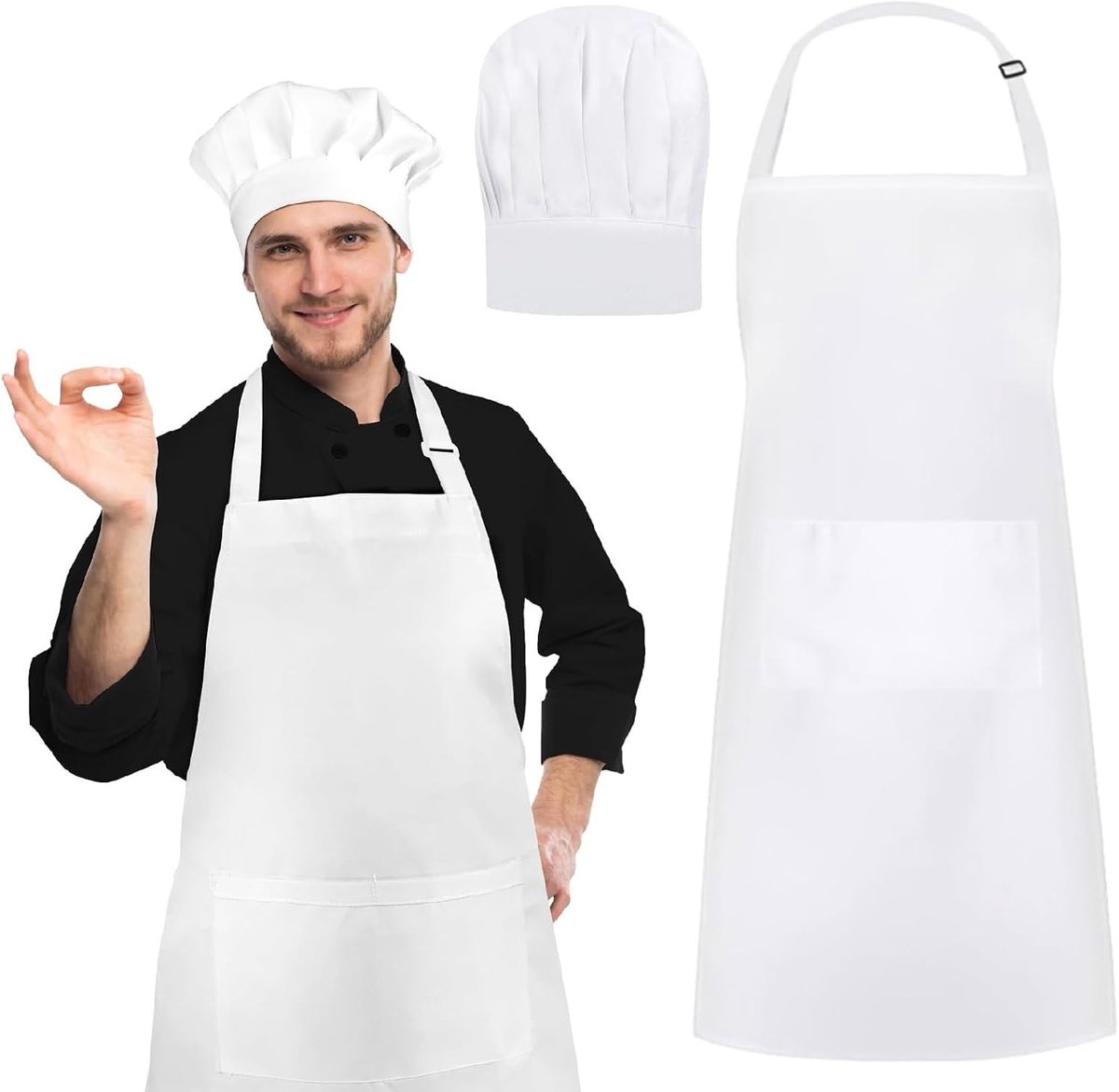 Verstelbare Koksbaret en Schort Set voor Mannen en Vrouwen, Ademend Schort met Twee Zakjes voor Keuken en Restaurantgebruik