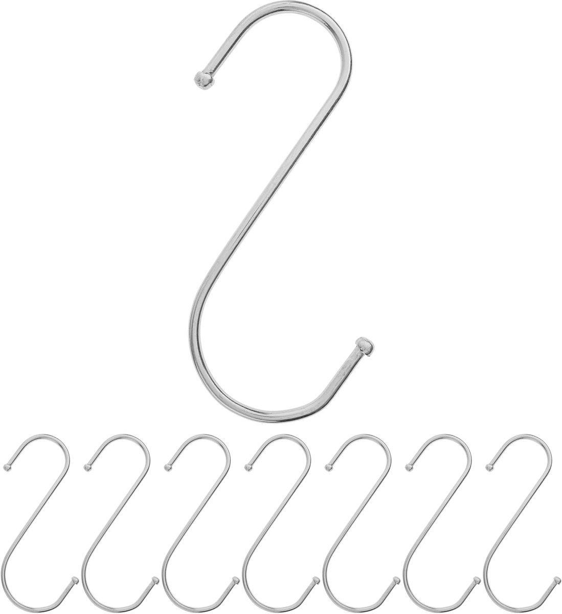 S-haken voor ophanging, 8 stuks, in zilver, metalen haken voor stangen Ø 42 mm, lengte 120 mm, S-haken voor keuken, kledingstang, garage, pot, pan, beker, ophanghaken, keukenhaken, dubbele haken set
