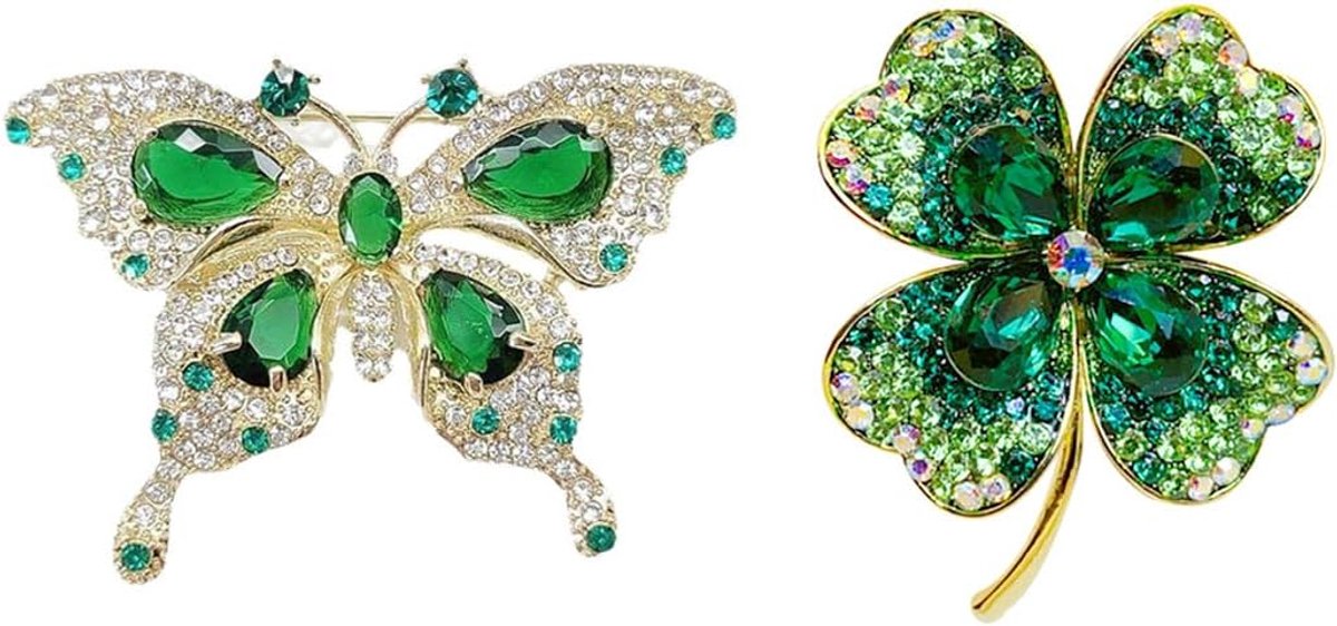2 stuks groene broche pinnen vier blad klaver groene broche leuke strass vlinder broche gelukkige modieuze badges glanzende legering veelzijdige pin accessoires voor dames meisjes party geschenken