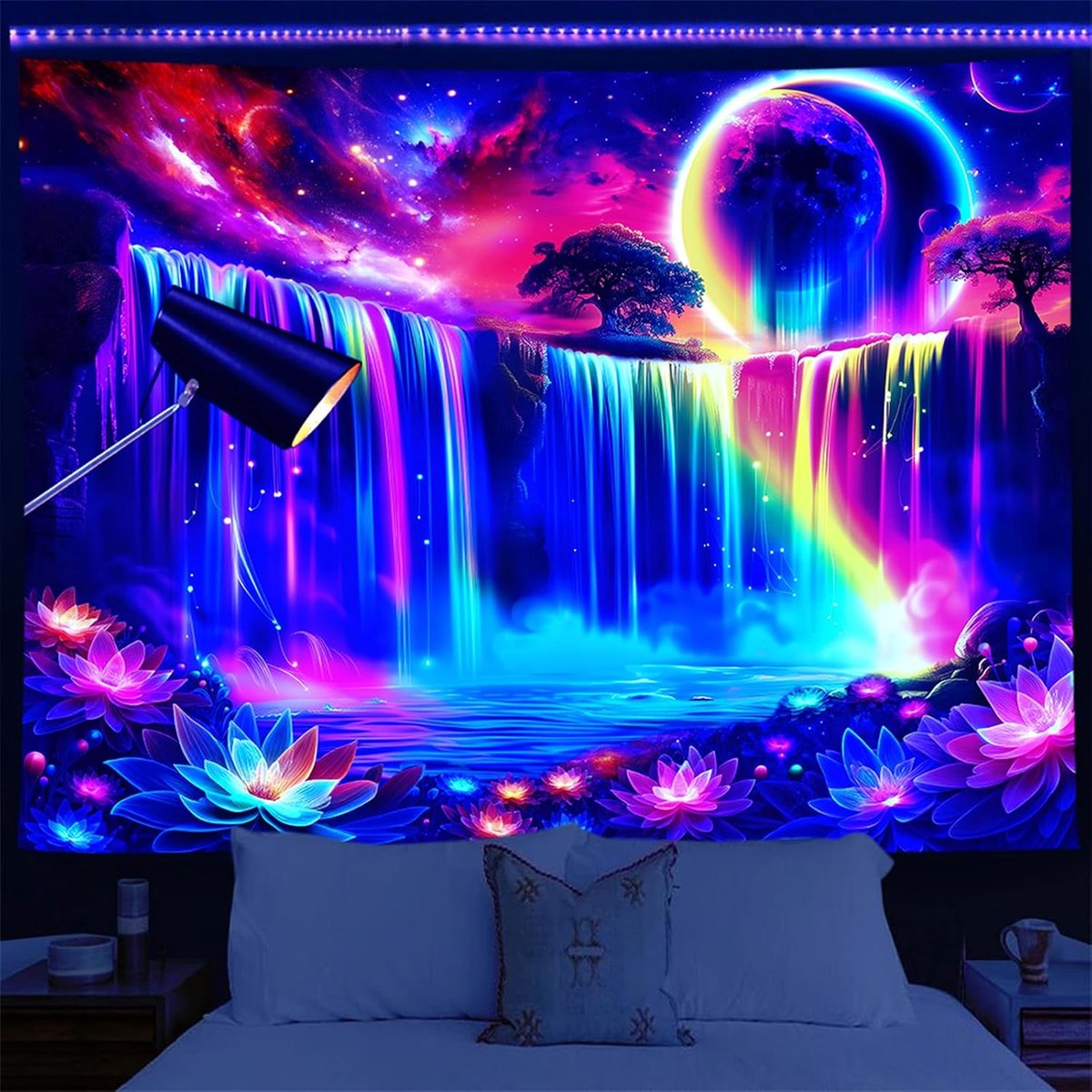 Wandtapijt, uv-bestendig, blacklight, wanddoek, psychedelisch wandtapijt, kleurrijk, boho-wandtapijt, voor slaapkamer, woonkamer (waterval, 150 x 130 cm, niet ingelijst)