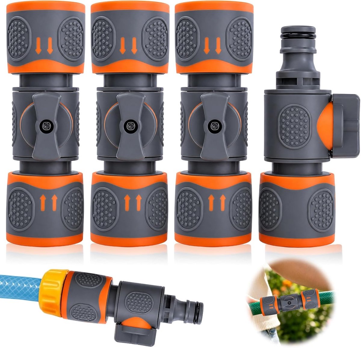 4 stuks koppelingen met regelventiel, tuinslangaansluiting 1/2 en 3/4 inch