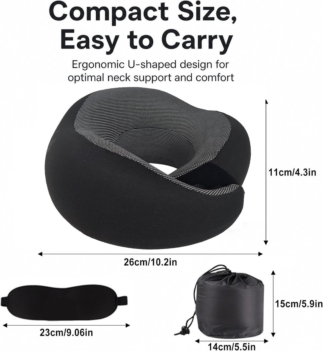 Vliegtuig, reiskussen, traagschuim, 360° ergonomische ondersteuning, neksteun, reiskussen met oogmasker, oorstekers, afneembare afdekking voor vliegtuig, auto en reizen, zwart