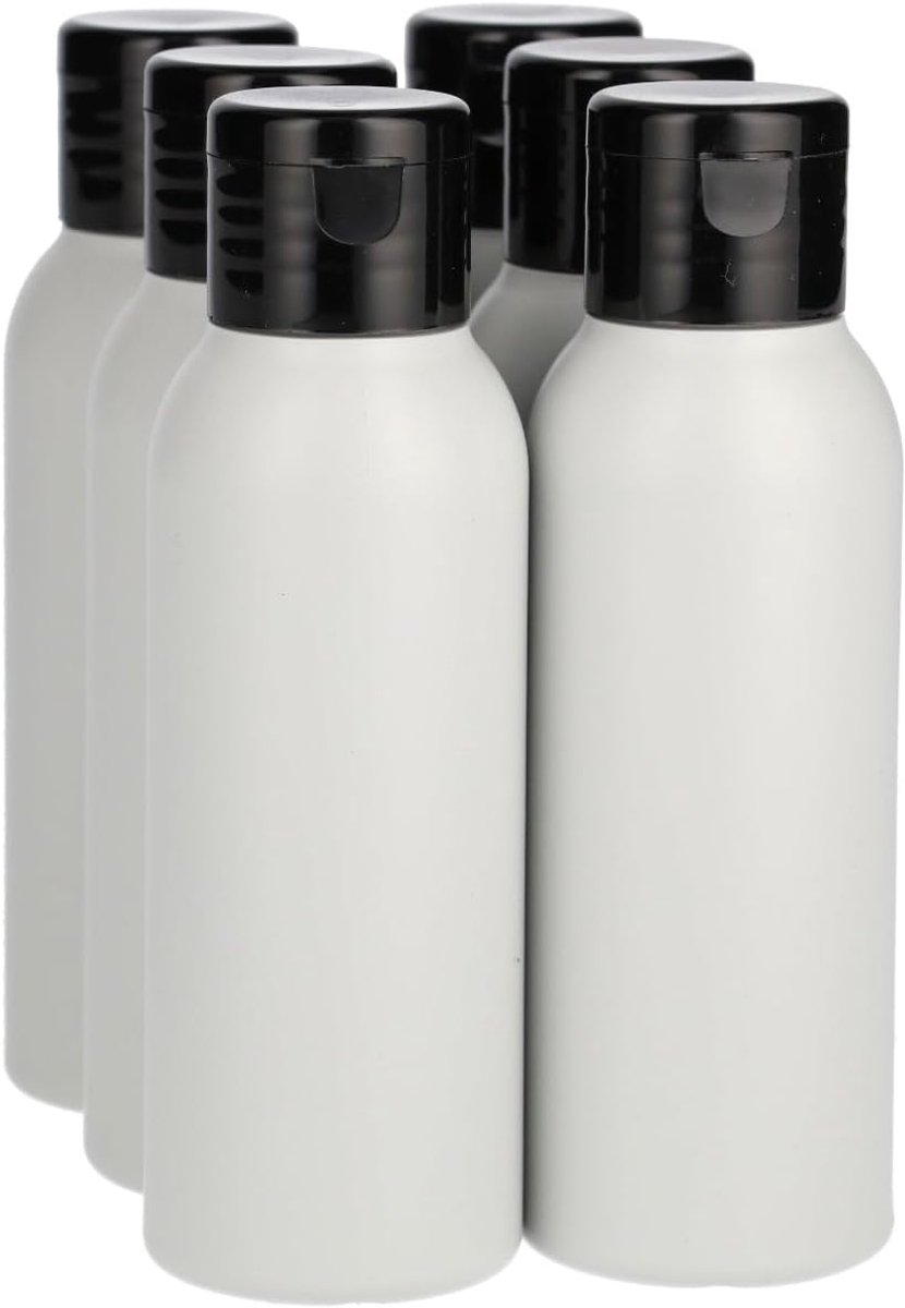 6 x Gerecyclede Plastic Fles 100 ml Klepdop Zwart - Rond - HDPE- Gerecycled HDPE Kunststof - Onbreekbaar - ca. 70% minder Co2 uitstoot door gerecycled materiaal - 6 stuks