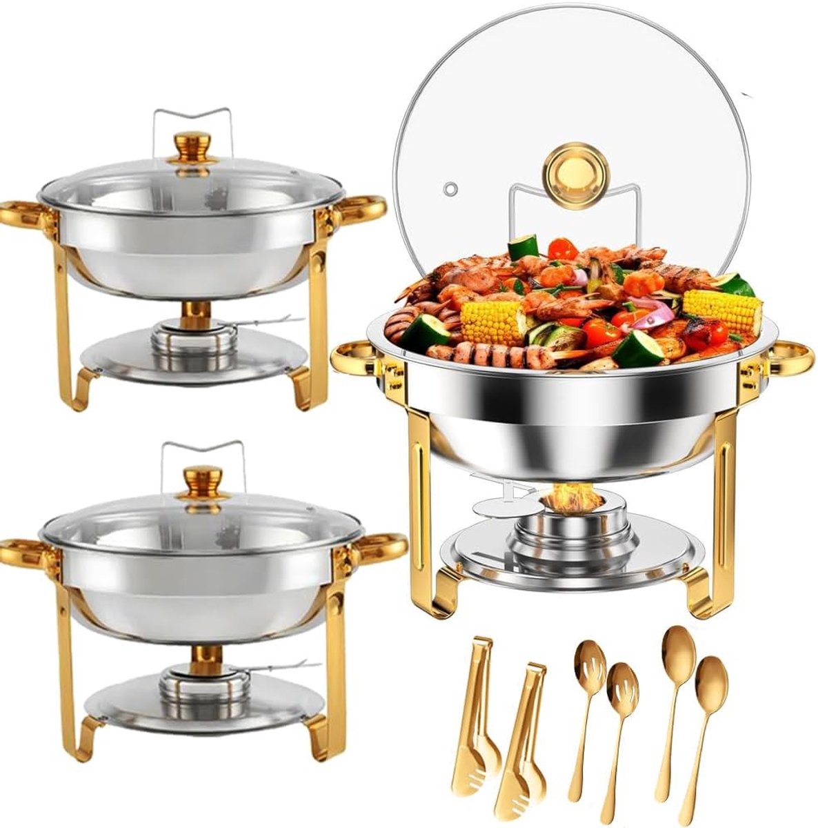 2 Pack Chafing Dish Buffet Set 5 Qt, 5L RVS Chafing Dishes, Ronde Catering Warmer Server met Glazen Deksel & Cover Houder, Voedsel Warmers voor Feesten, Bruiloft, Verjaardag (Half Goud Glas)