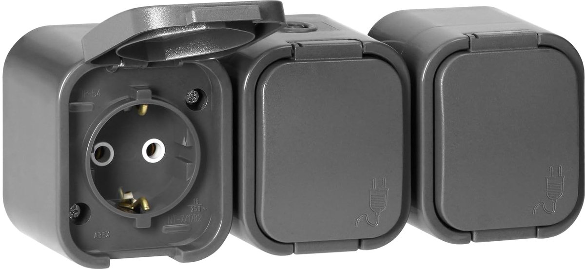 Opbouw Stopcontact - Spatwaterdicht met klep IP54 - Stopcontact opbouw Schuko type F - Ideaal voor gebruik in Kelders Garages en Gangen (grijs)