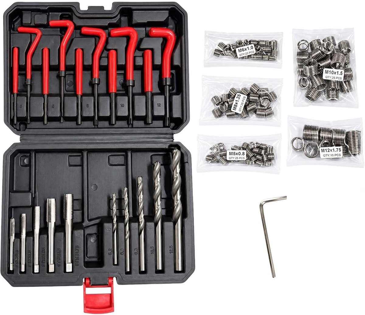 131-delige schroefdraadreparatieset, M5, M6, M8, M10, M12 met buitenpunten en invoergereedschap, schroefdraadinzetstukken voor beschadigde schroefdraad, automotor, transmissiemachines