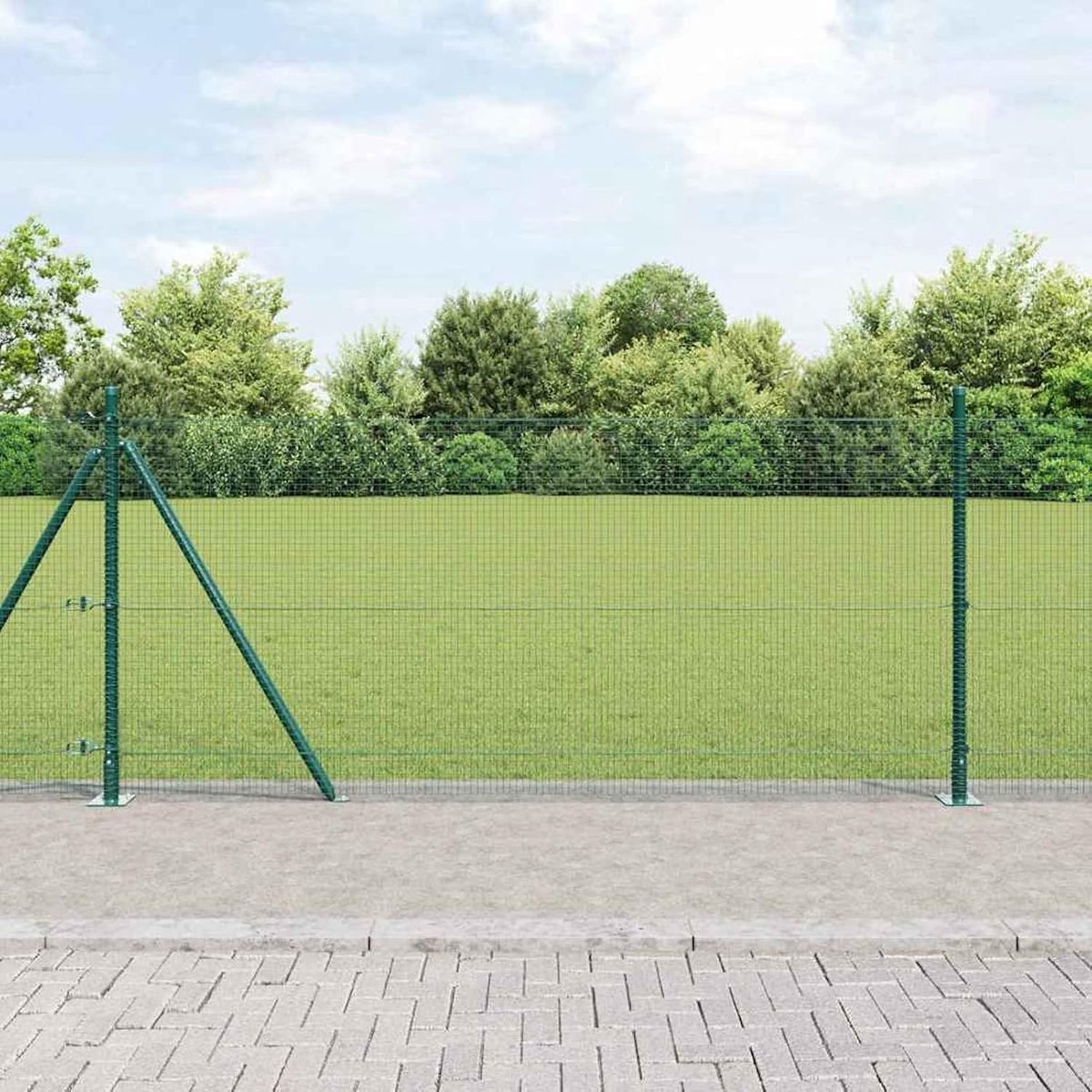 Gelaste draadomheining met 13 geflenseerde palen, groen, 0,8 x 100 m staal, hekpalen, tuinhek, draadomheining voor tijdelijke hekken, groentebedden, kippenhokken, weideperceel, 3352497