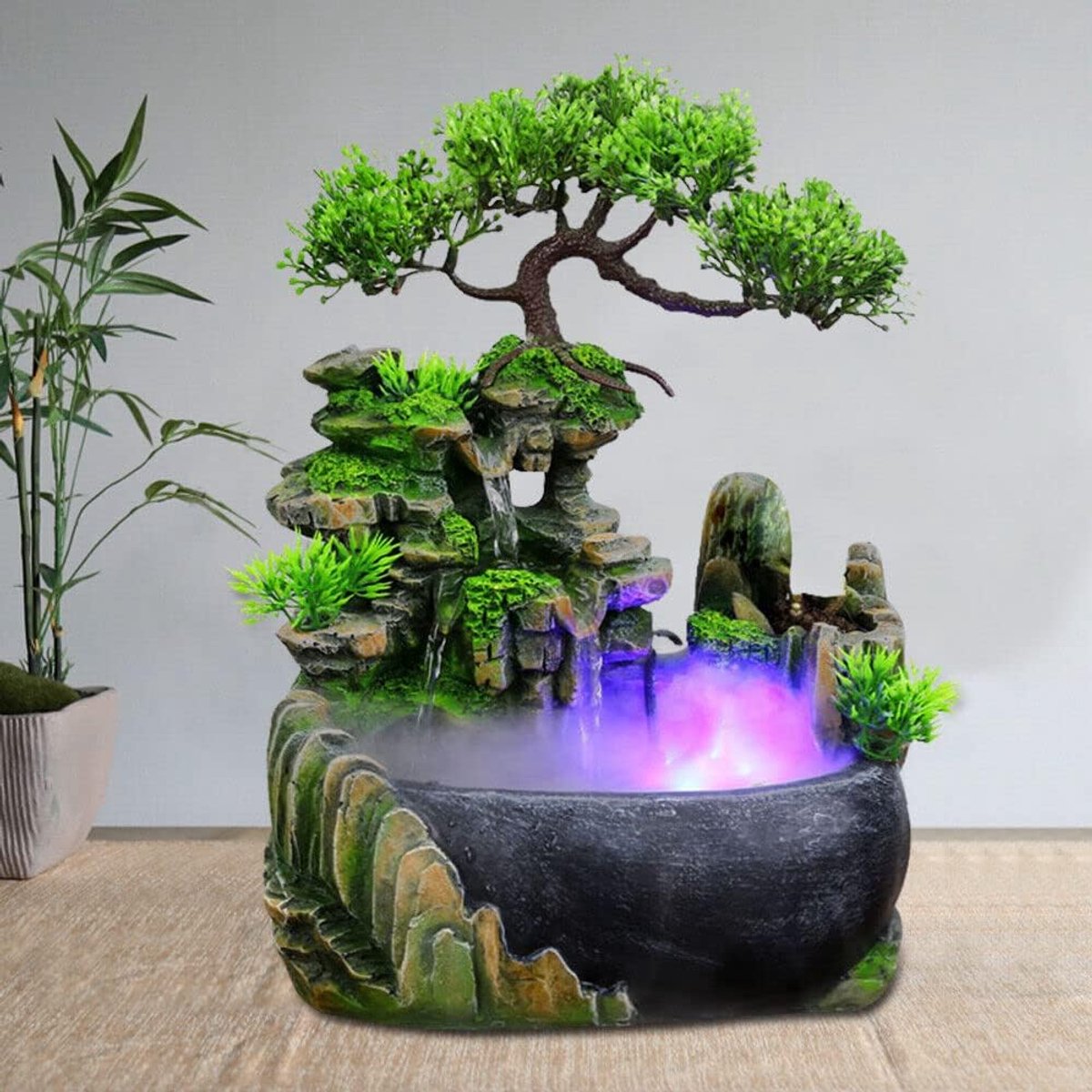 Tafelfontein, ornament met verlichting, desktop, fontein, tuinfontein, verstuiver, tafel, indoor fontein met verlichting, led-waterspel, tafelfontein, waterwand, watervalfontein