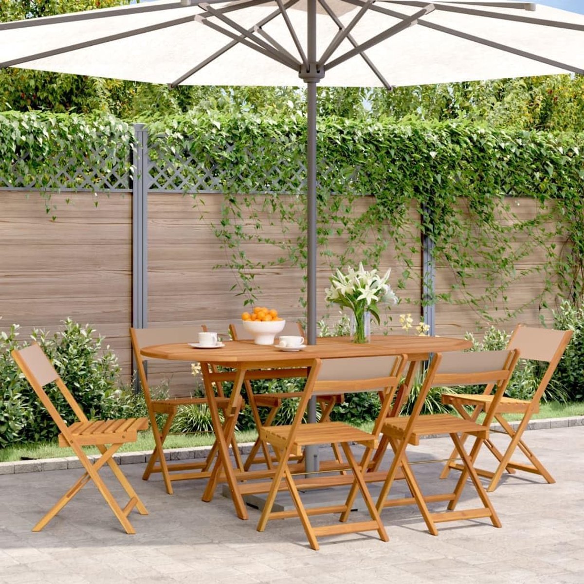 Tuinstoelen van massief acaciahout, 6 stuks, taupe met platte armleuningen, tot 110 kg per zitting