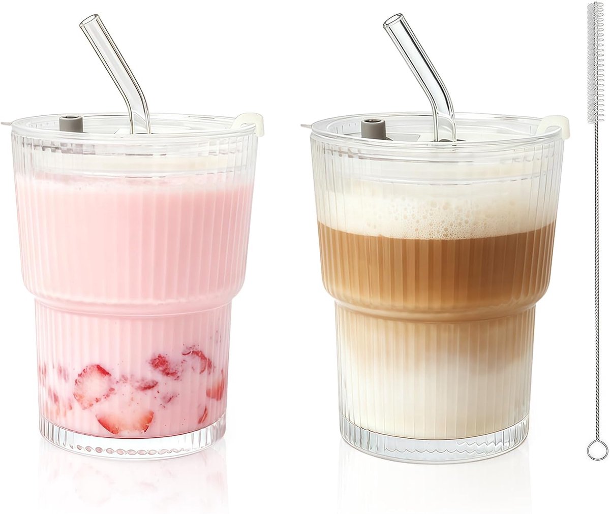Bekers met deksel en rietje, 400 ml, geribbeld, set van 2