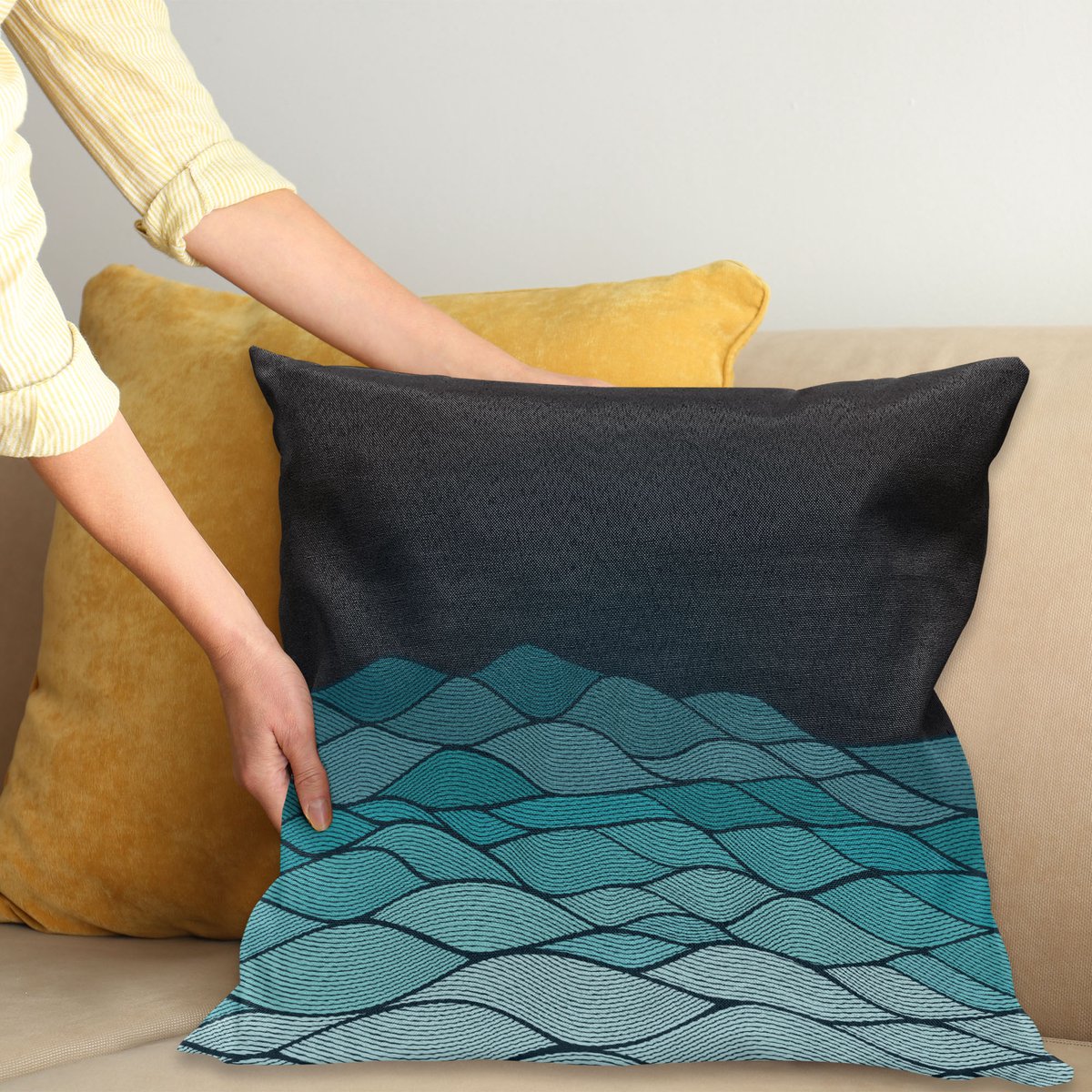 ABAKUHAUS Wellen Kussenhoes, Blauw Ombre Abstract Curves, Van Kleurechte Wasbare Stof, Dubbelzijdige Print met Stevige Ritssluiting, 45 x 45 cm, Dunkles Petrolblau Meerblau