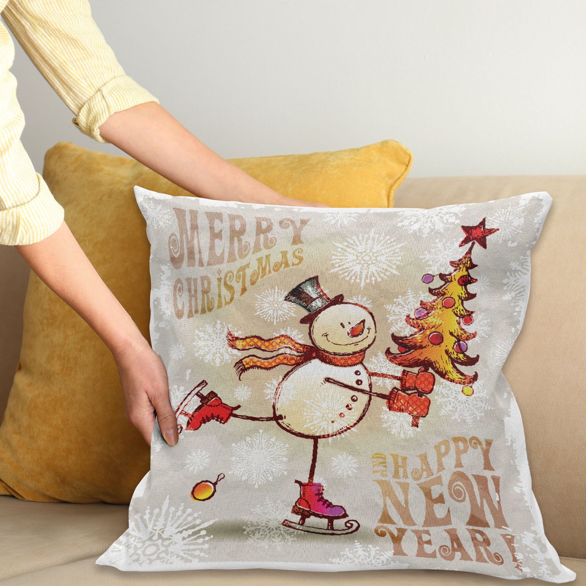 ABAKUHAUS Kerstmis Kussenhoes, Skating Vrolijk Snowman, Water- en Vuilafstotende Stof met Digitale Print voor Binnen en Buiten, 40 x 40 cm, Meerkleurig
