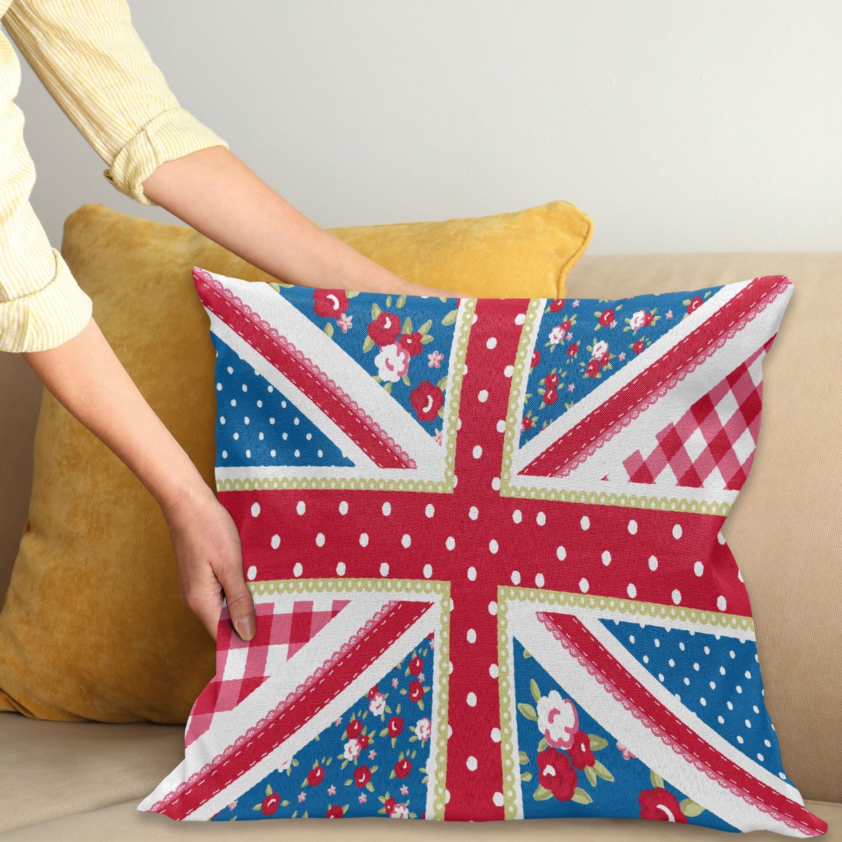 ABAKUHAUS Shabby Chic Kussenhoes, Britische Vlag Bloemen, Wasbare Sierkussenhoes voor Binnen/Buiten, Dubbelzijdige Print met Ritssluiting, 40 x 40 cm, Meerkleurig