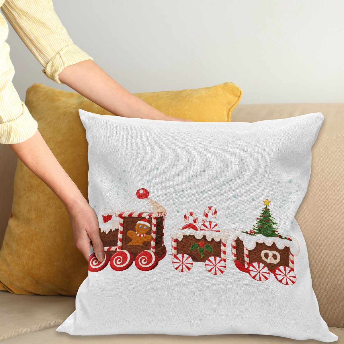 ABAKUHAUS Kerstmis Kussenhoes, Lebkuchen-Zug, Digitale Print, Waterbestendig, Kleurecht, Wasbare Kussenhoes met Ritssluiting, 50 x 50 cm, Wit Bruin Vermiljoen