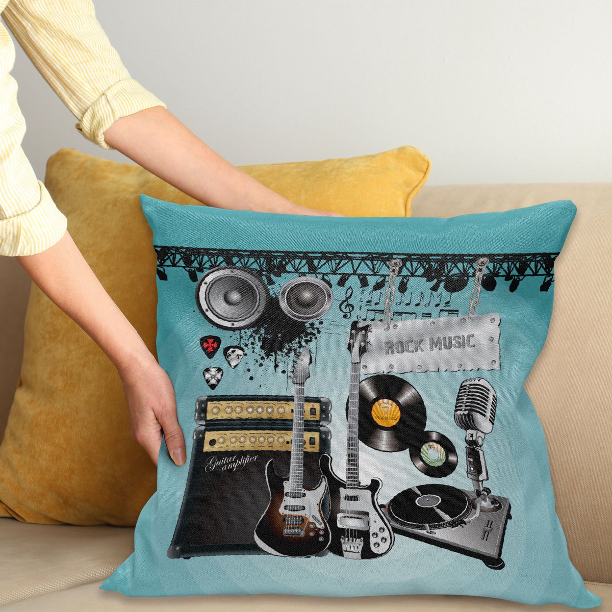 ABAKUHAUS Rockmusik Kussenhoes, Aufzeichnungen Lautsprecher, Wasbare Kleurechte Kussenhoes met Digitale Dubbelzijdige Print en Ritssluiting, 40 x 40 cm, Meerkleurig