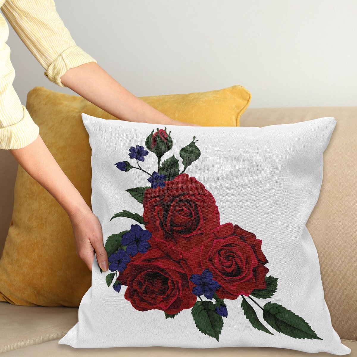 ABAKUHAUS Roos Kussenhoes, Rood Bloom Gentle Florets, Kussenhoezen met Dubbelzijdige Print Kleurecht Wasbaar en Ritssluiting, 50 x 50 cm, Jägergrün Violet Blauw