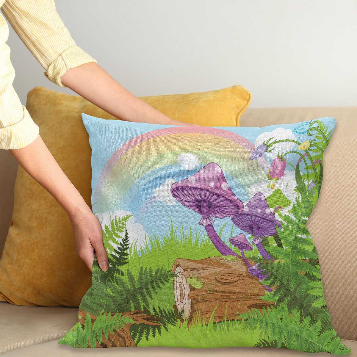 ABAKUHAUS Fantasie Kussenhoes, Hout Gras Pilz Kunst, Kussenhoes met Ritssluiting en Dubbelzijdige Print, 40 x 40 cm, Meerkleurig