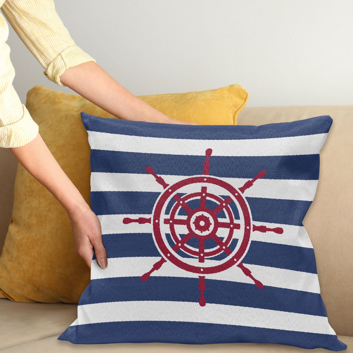 ABAKUHAUS Nautisch Kussenhoes, Rood-Schiffs-Rad, Van Kleurechte Wasbare Stof, Dubbelzijdige Print met Stevige Ritssluiting, 50 x 50 cm, Marineblauw Rood