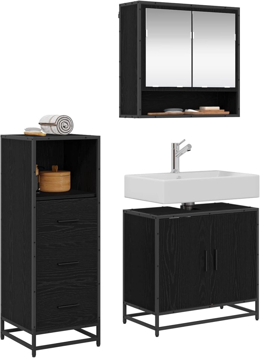 Badkamermeubelset, 3-delig, zwart eikenlook, spiegelkast, wastafelonderkast en hoge opbergkast van hout, wandmontage, onderhoudsvriendelijk
