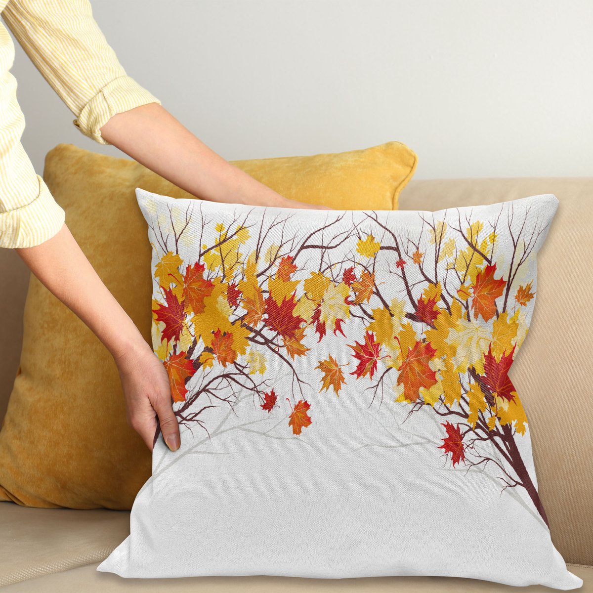 ABAKUHAUS Fallen Kussenhoes, Cartoon Ahorn Herfst-Boom, Van Kleurechte Wasbare Stof, Dubbelzijdige Print met Stevige Ritssluiting, 45 x 45 cm, Oranje Wit