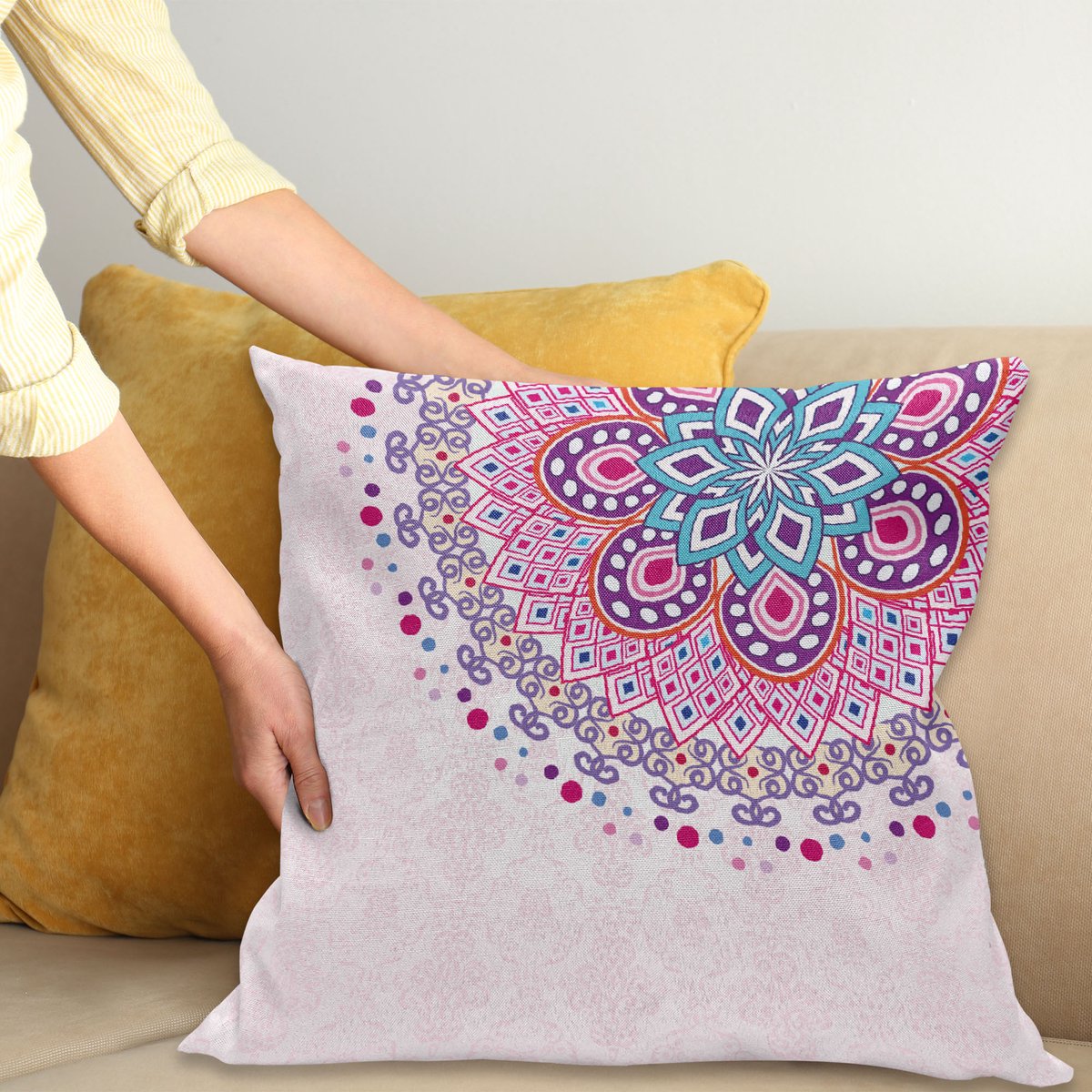 ABAKUHAUS Mandala Kussenhoes, Ornamenteel, Wasbare Kussenhoes met Ritssluiting, Kleurechte Heldere Kleuren en Dubbelzijdige Print, 40 x 40 cm, Lichtroze Lila