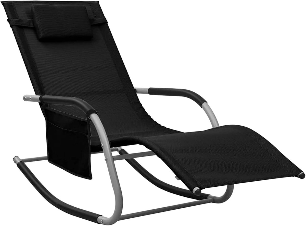 Zonneligstoel van zwart en grijs textiel, zonneligstoel, zonneligstoel voor buiten, zonnebed voor de tuin, zonnestoel, strandligstoel