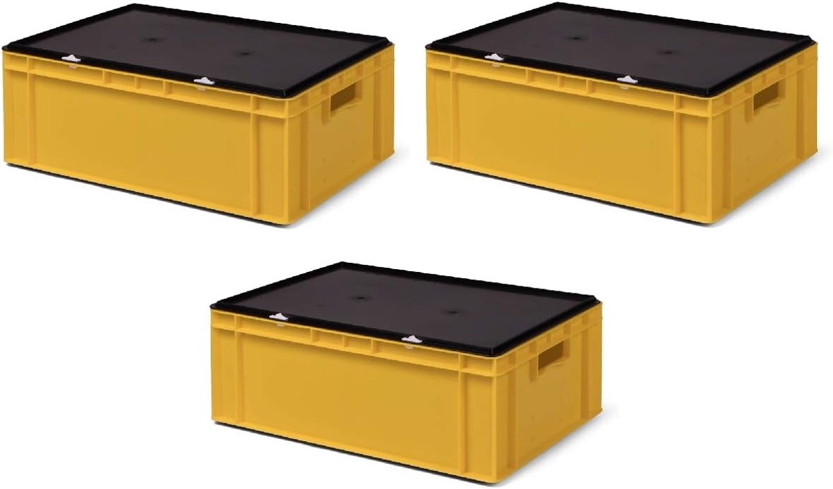 3 stuks TK621-VD, Transportstapelbak geel met zwart afsluitdeksel, 600x400x221/210 mm (LxBxH), volume 40 liter, draagvermogen 50 kg, voedselveilige industriekwaliteit van PP