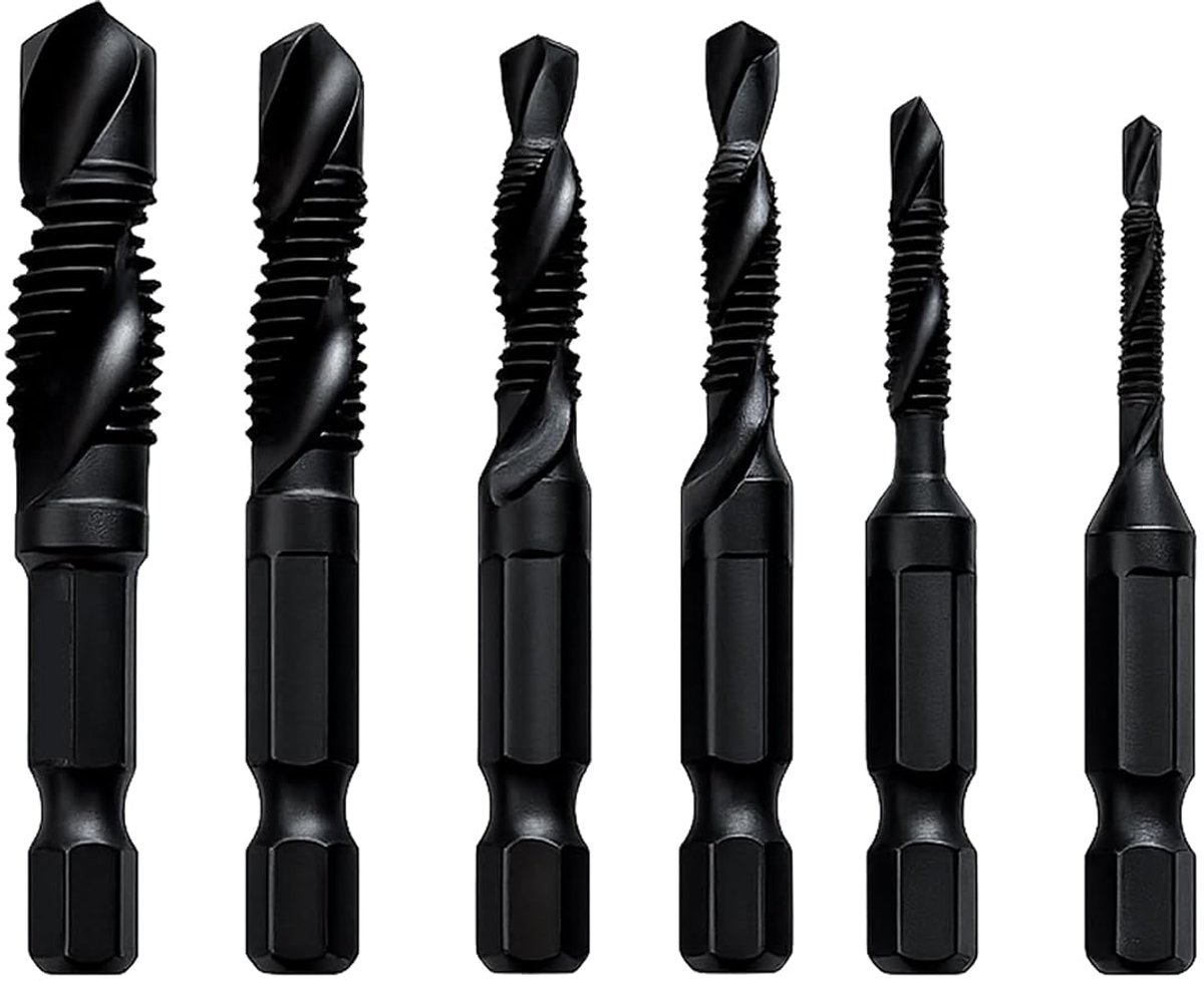 Set van 6 combiboren en schroefdraadboor, set van 6 stuks, 6542 M2 HSS staal met anti-roestcoating, M3, M4, M5, M6, M8, M10 boor, verzinkbits met 1/4 inch hex-schacht, professionele set voor machinaal