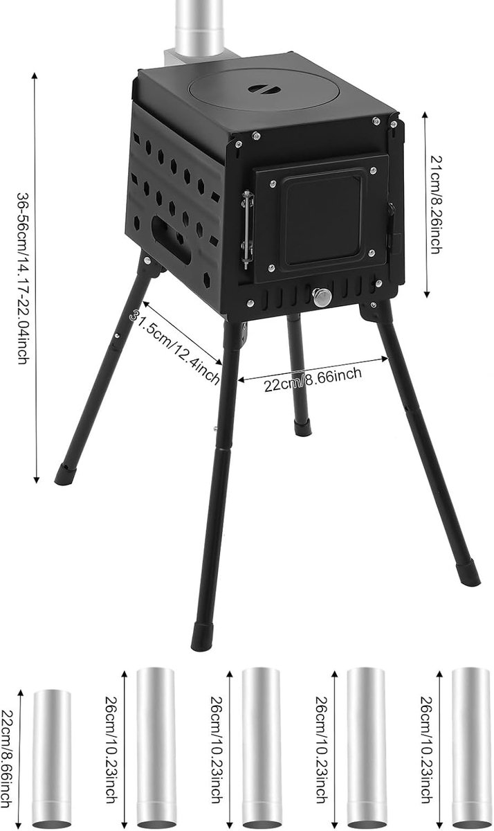 Draagbare houtkachel voor tenten, 36-57 cm instelbare hoogte schuilplaatsen en camping, inclusief open haard, fluitje, campingfornuis — afbeelding 2