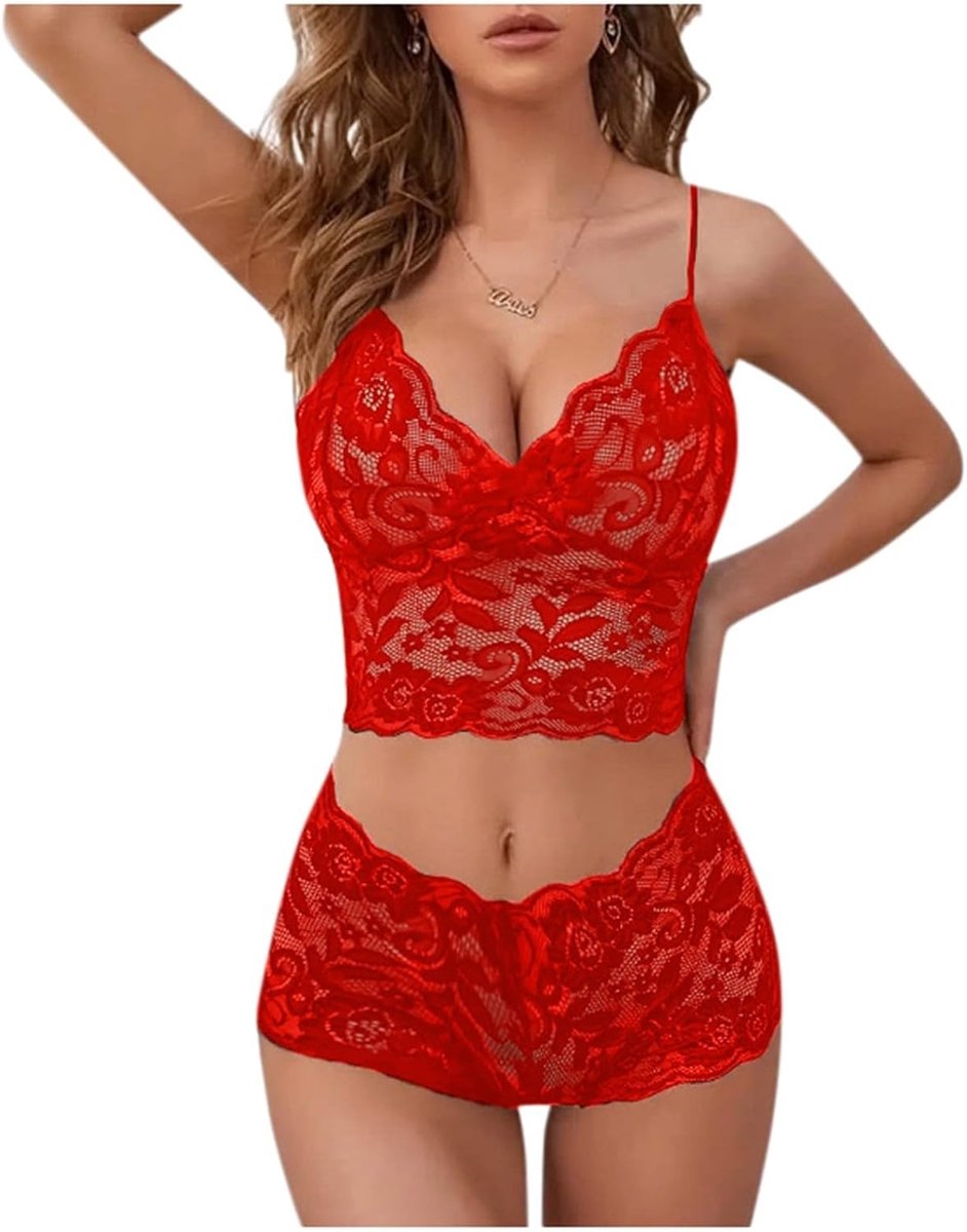 Lingerieset voor dames, babydoll, tanga en beha, kant, bloemenpatroon, charmant, diepe decolleté, strik, huwelijksreis, romantisch, A24