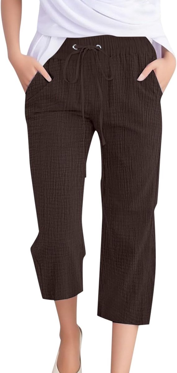 Broek Dames Zomer Brede Hoge Taille Vloeiend Lichtgewicht Losse Zakken Chic Strand Bohemian Recht Katoen Casual Mode A30