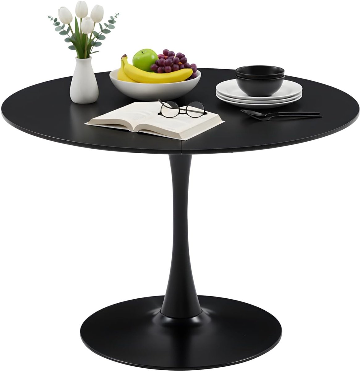 Eettafel, zwart, diameter 110 cm, voor 4-6 personen, moderne eettafel, rond, zwart, keukentafel, eetkamertafel met metalen poten, tafel, rond, voor keuken, eetkamer, woonkamer, café