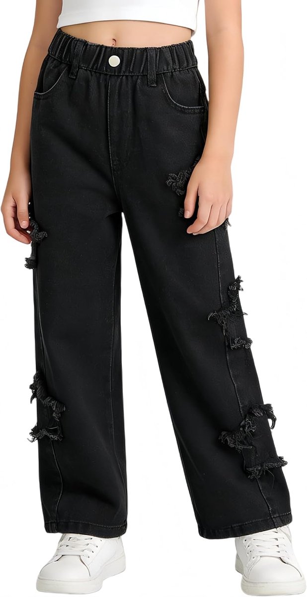 Jeans voor meisjes, hoge taille, brede pijpen, denim, losse bootcut, voor kinderen van 6-15 jaar