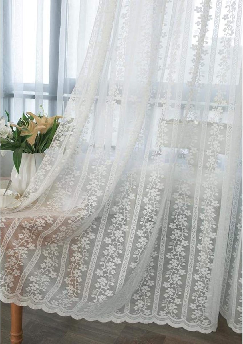 Wit/tule/gordijn, woonkamer balkon/semi-sheer/gordijnen/gordijnen, katoenen linnen/delicaat/geborduurd/gordijnen, haken top-wit. 250x270cm (98x106inch)