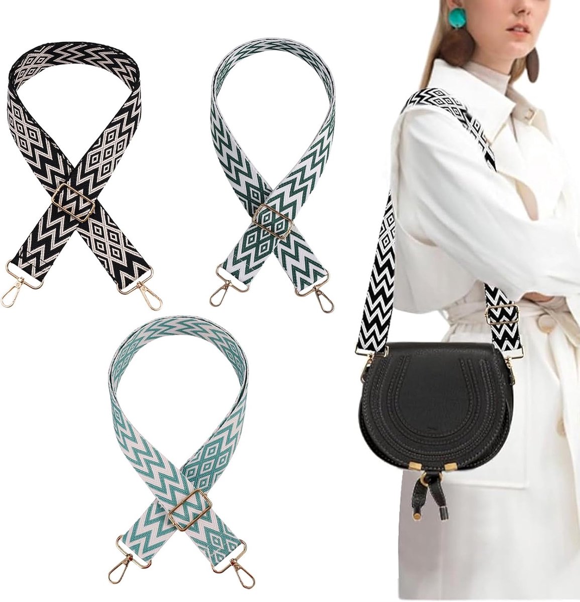 Tasriemen om te wisselen, 3 stuks, verstelbare schouderriem voor tassen, 3,8 cm, schouderriem voor tassen, schouderriem met karabijnhaak, riem met strepenpatroon, voor doe-het-zelf accessoires