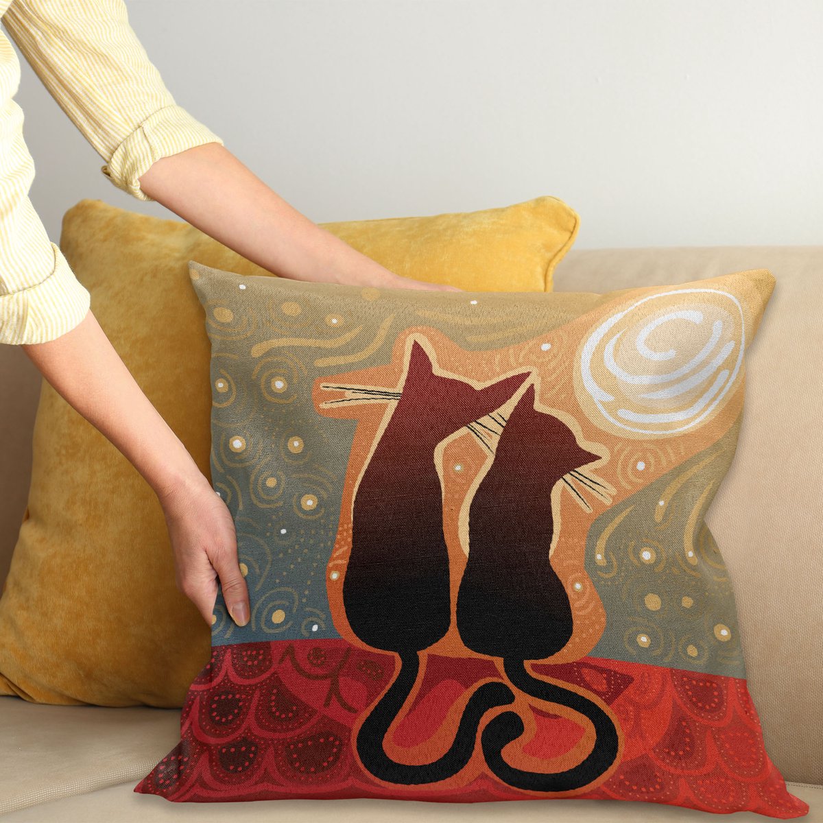 ABAKUHAUS Dier Sierkussenhoes, Vrouwelijk en Male Cats in Liefde Watching Maan Luna op Starry Lucht Print, Decoratieve Vierkante Sierkussenhoes, 100 x 100 cm, Groen Oranje