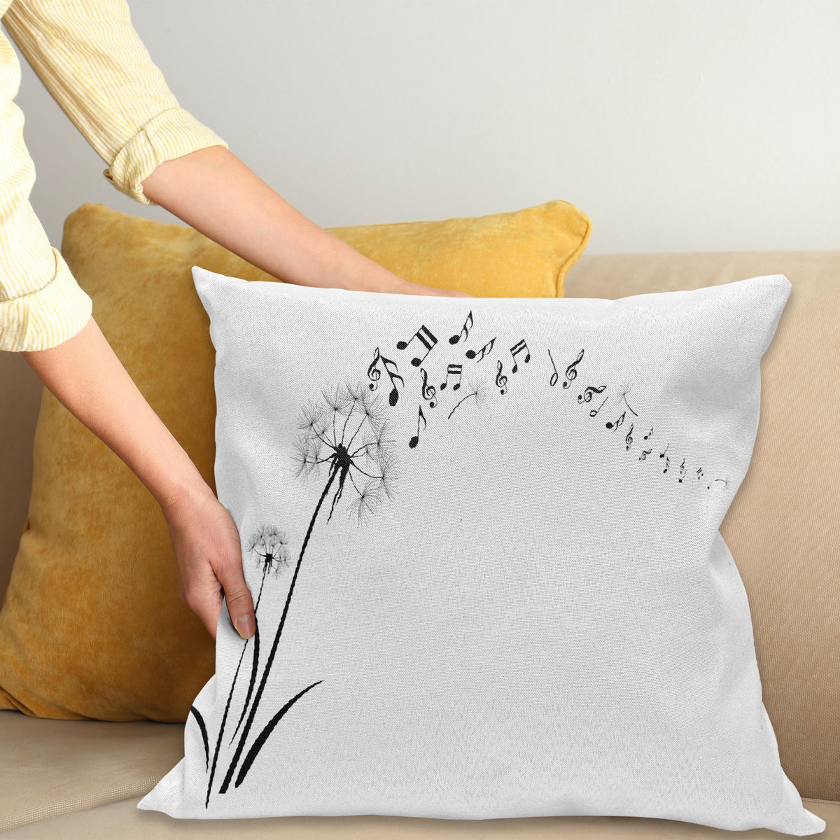 ABAKUHAUS Muziek Sierkussenhoes, Flying Dandelions Noten Zomer Lente Meadow Silhouet Softness Simple Print, Decoratieve Vierkante Sierkussenhoes, 65 x 65 cm, Zwart en Wit