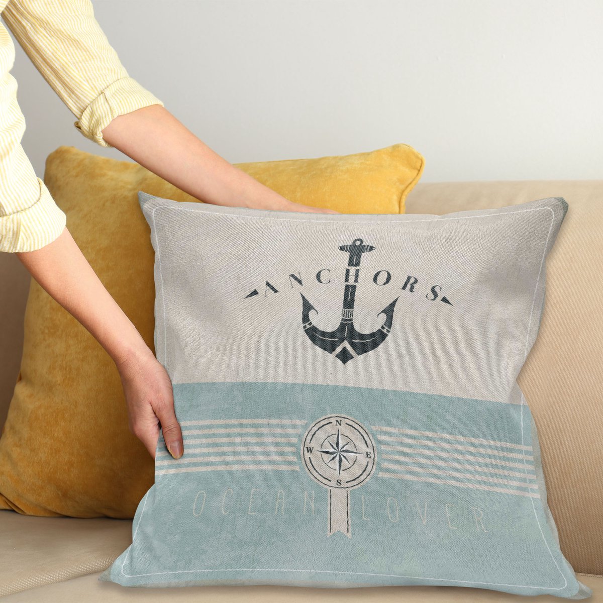 ABAKUHAUS Nautisch Sierkussenhoes, Aged Oceaan Lover Tekst met Anker en Compass Maritiem Adventure Ontwerp, Decoratieve Vierkante Sierkussenhoes, 45 x 45 cm, Beige Blauw