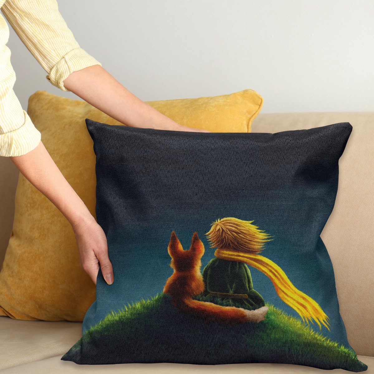 ABAKUHAUS Fantasie Sierkussenhoes, Ontwerp Cartoon Character en de Fox Uiterlijk at de Lucht Patroon Print, Decoratieve Vierkante Sierkussenhoes, 60 x 60 cm, Varen Groen