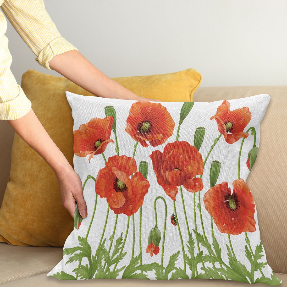 ABAKUHAUS Bloem Sierkussenhoes, Lente Wild Bloem Poppy Ladybug Blad Springtime Tuin Natuur Backyard Print, Decoratieve Vierkante Sierkussenhoes, 45 x 45 cm, Oranje Groen