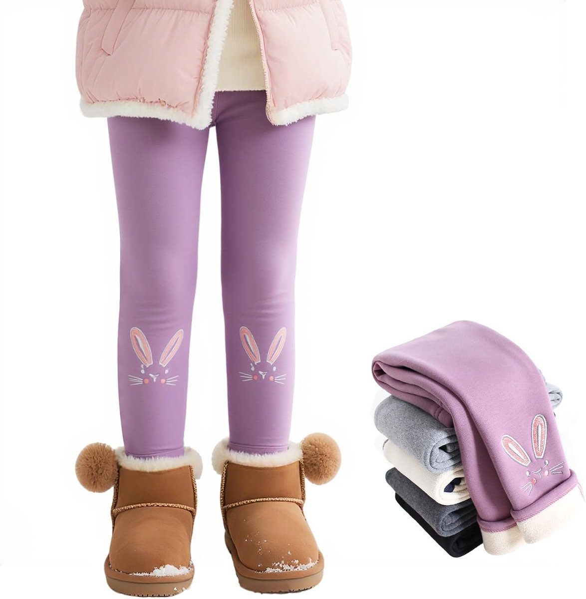 Leggings Meisjes Gevoerde Warme Leggings met Fleece Dikke Lange Broeken Kinderen Katoen Elastische Winterbroek Konijnenpatroon Thermobroek, MAAT 92-146