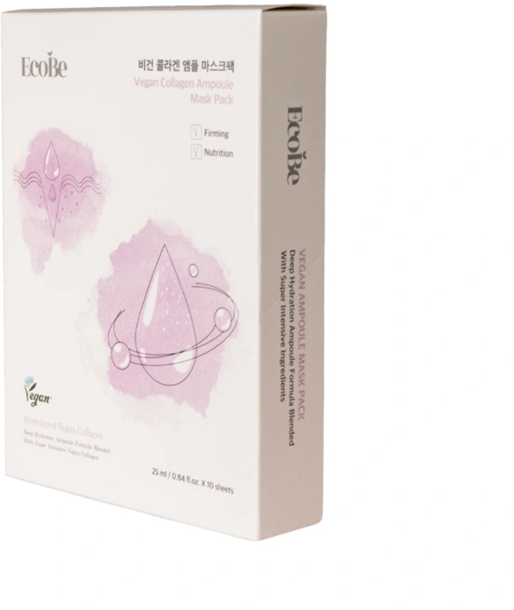 EcoBe Collagen Vegan Ampoule Sheet Mask / gezichtsmasker met veganistische collageenformule, 10 stuks