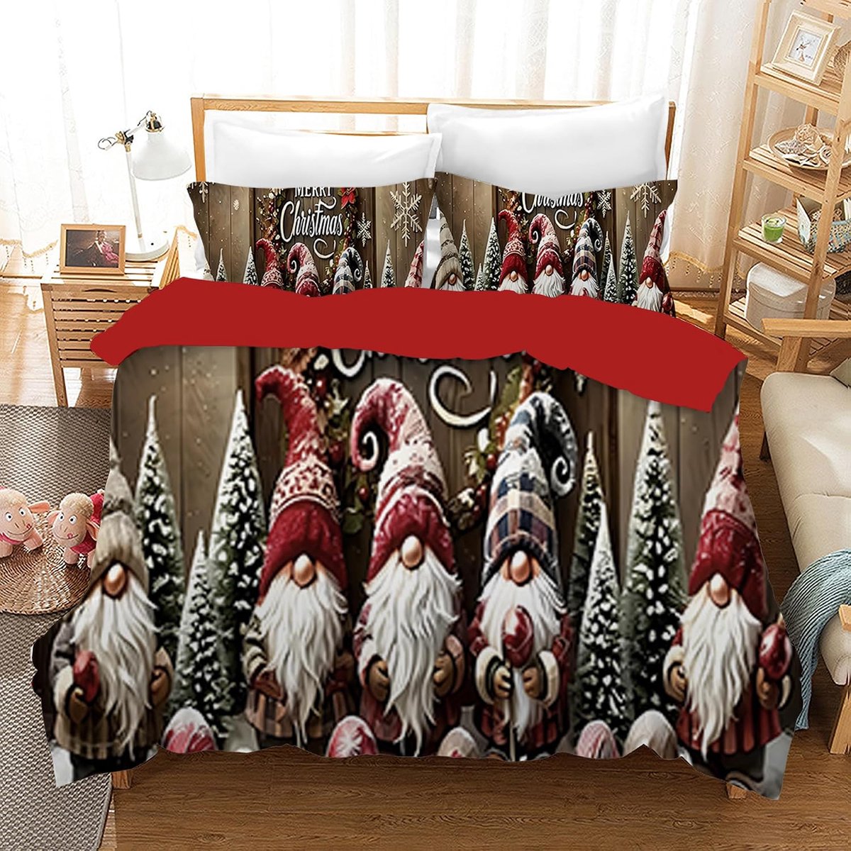3D-kerstbeddengoedset, met 2 kussenslopen, kerstman, kerstboom, hert, kerstcadeau voor kinderen en jongeren (M, 135 x 200 cm)