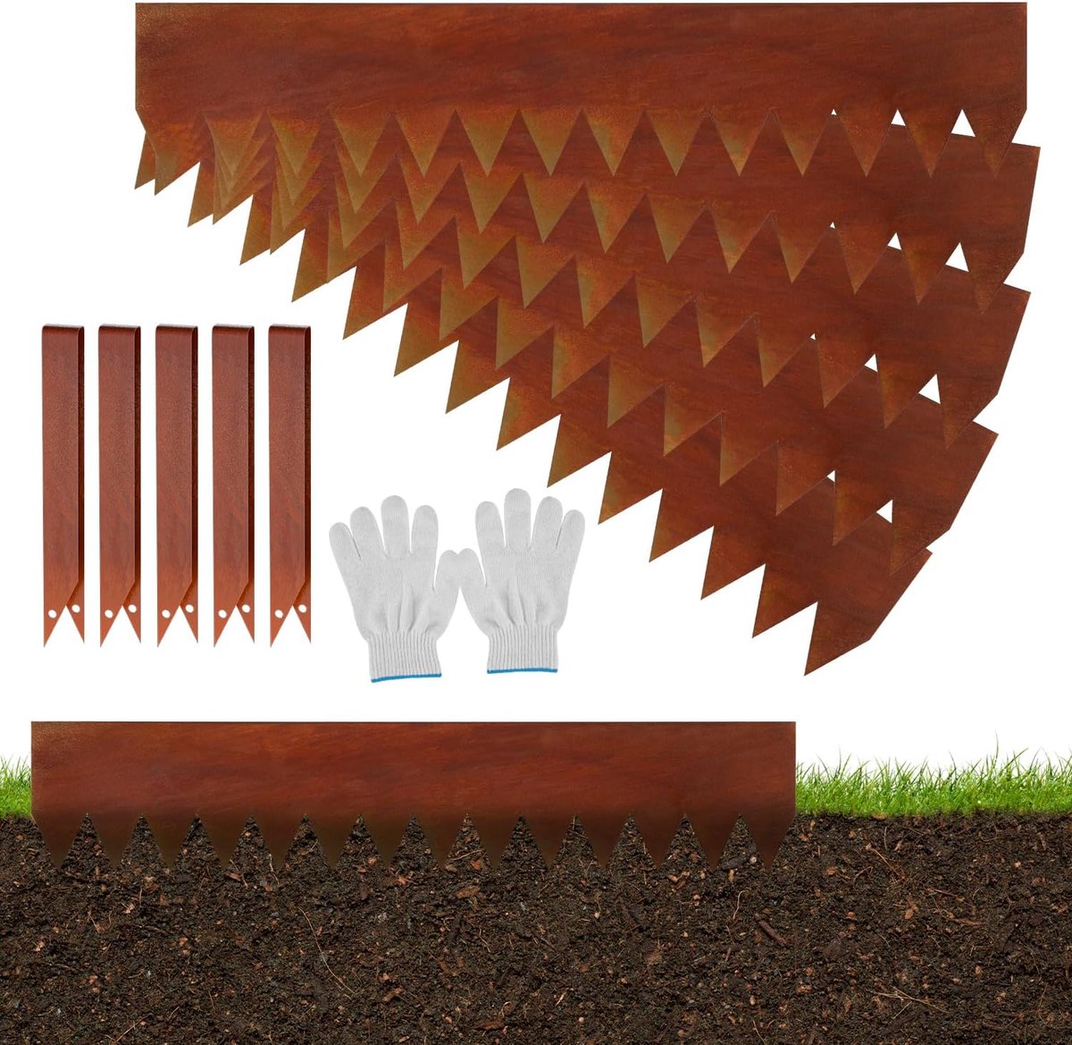 100 x 20 cm, metalen scherpe zaagtanden, flexibele gazonrand, palissade met clips en handschoenen, voor tuinpaden, roest (lengte 5 m - hoogte 20 cm)