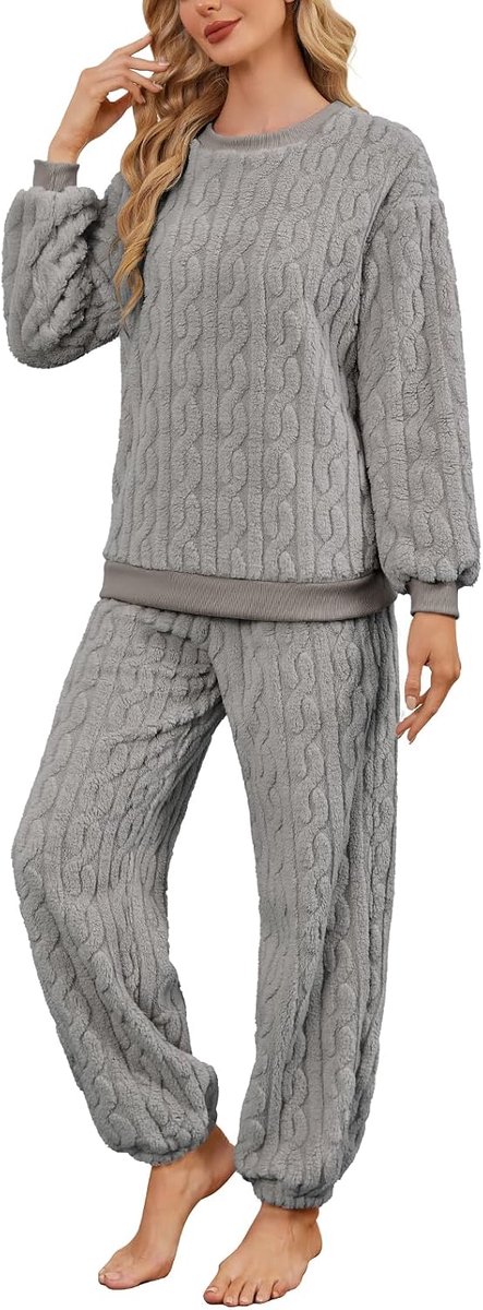 Fleece set, warm, winter, pluizig, 2-delige pyjama, thermische top met lange mouwen en zachte, gezellige bodems met zakken, dames, pluche, losse pasvorm, loungewear, nachtkleding