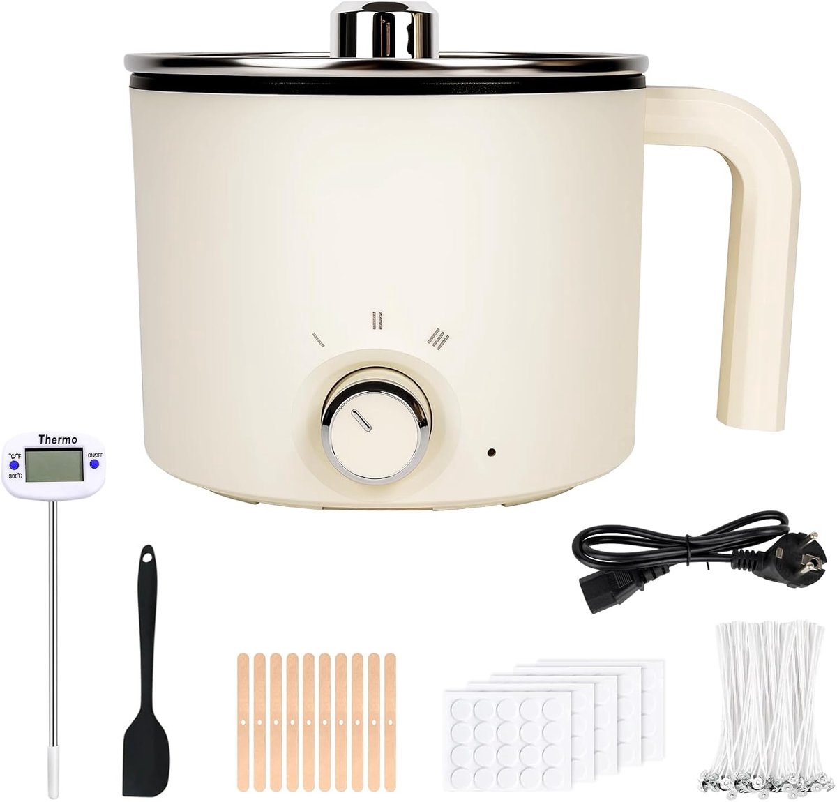 1,8 liter, elektrische wassmelter voor het maken van kaarsen, zelf kaarsen maken, set met wassmeltpot, thermometer, 100 kaarslonten, 100 lontstickers, 10 lonthouders en roerlepel, wit