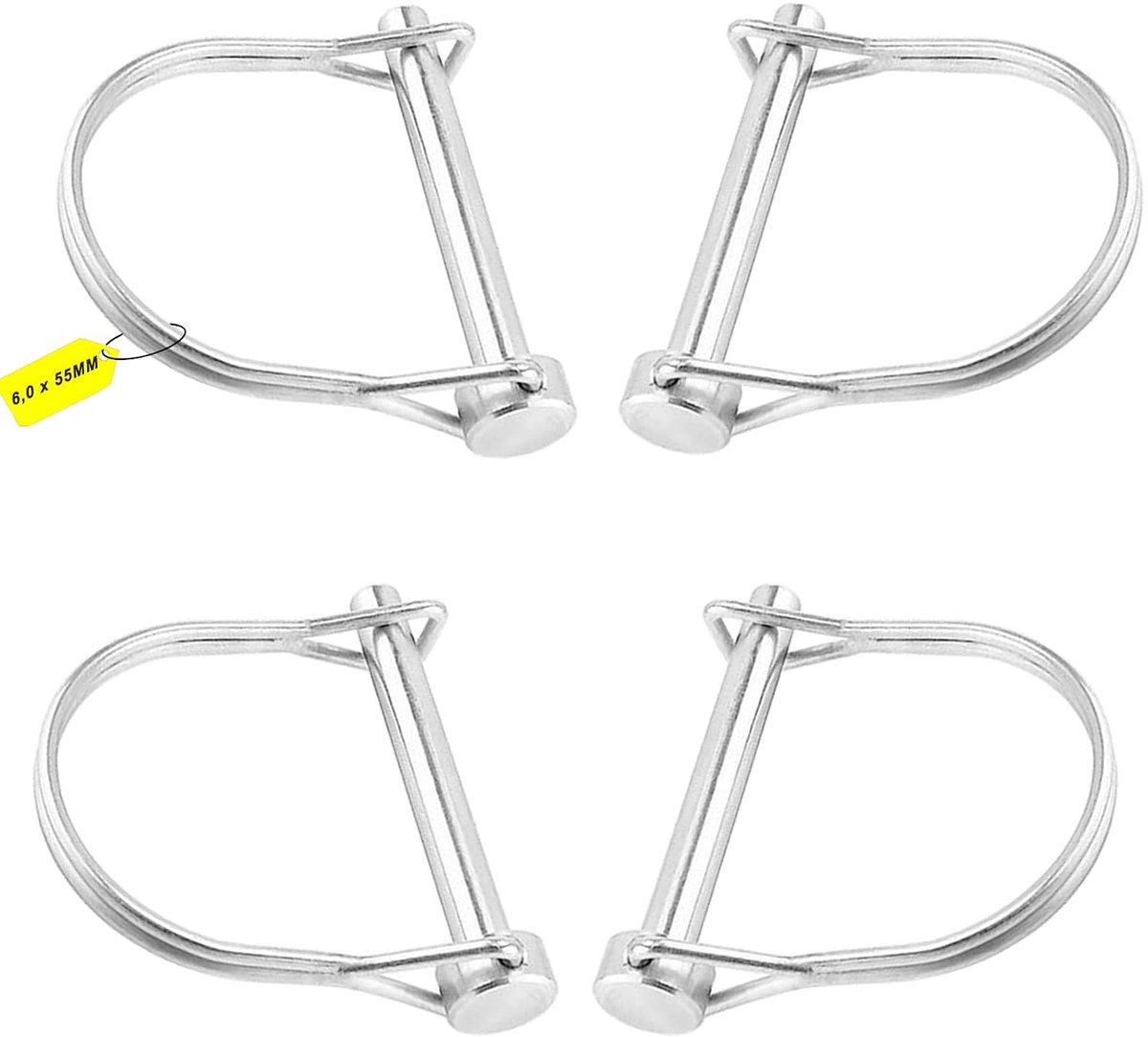 Pakket van 4 inklapbare pijpspelden - Veiligheidsspeld - 6 x 55 mm - D-vormige koppelingspen - Veerstalen veiligheidsbouten - Met vergrendelingspen - Voor aanhanger van