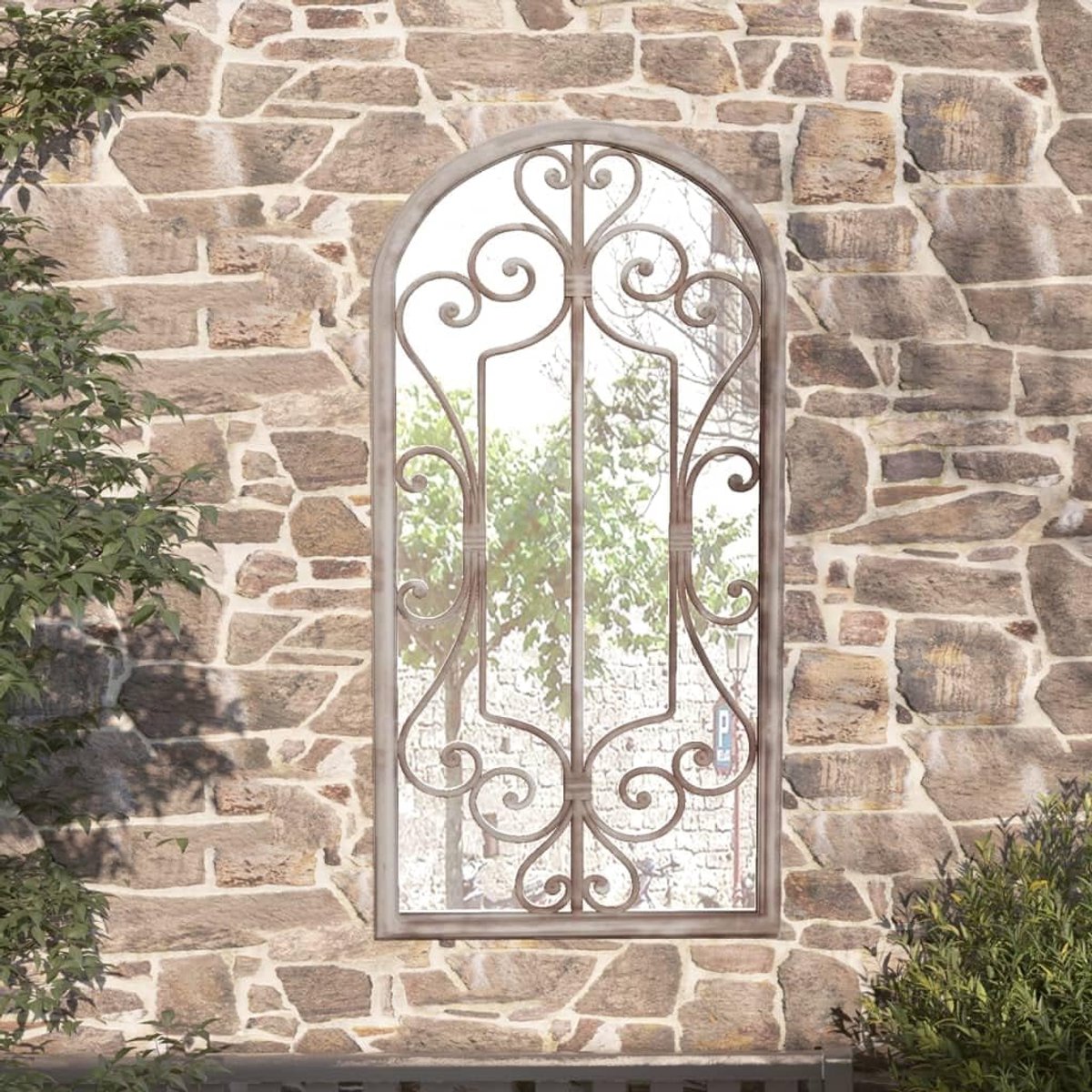 Zand 70 x 30 cm ijzeren decoratie buiten wandspiegel roesteffect antiek design reflectie licht tuin decoratief ijzeren frame