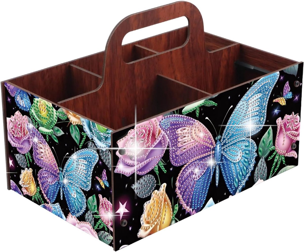 5D Diamond Painting bureau-organizer met handvat, 24 x 15,6 x 11 cm, doe-het-zelf Crystal Art opbergdoos met 5 vakken, organizer voor pennen, cosmetica, snack, vlinder